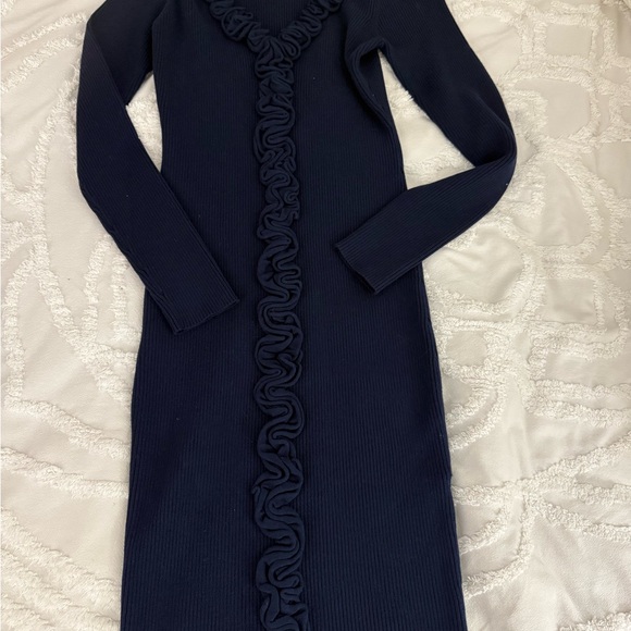 Milly Dark Blue Long Sleeve Dress with Ruffle Detail - Picture 3 of 11